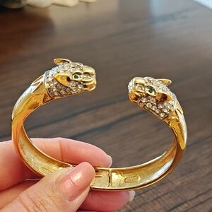 Butler Gold-Tone Crystal Panther Bangle Bracelet with Green Eye Accents